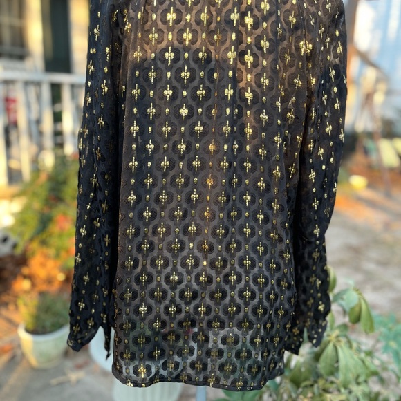 DIANE von FURSTENBERG Black Sheer Blouse, Gold Metallic Detail, 12, EUC - Picture 5 of 12